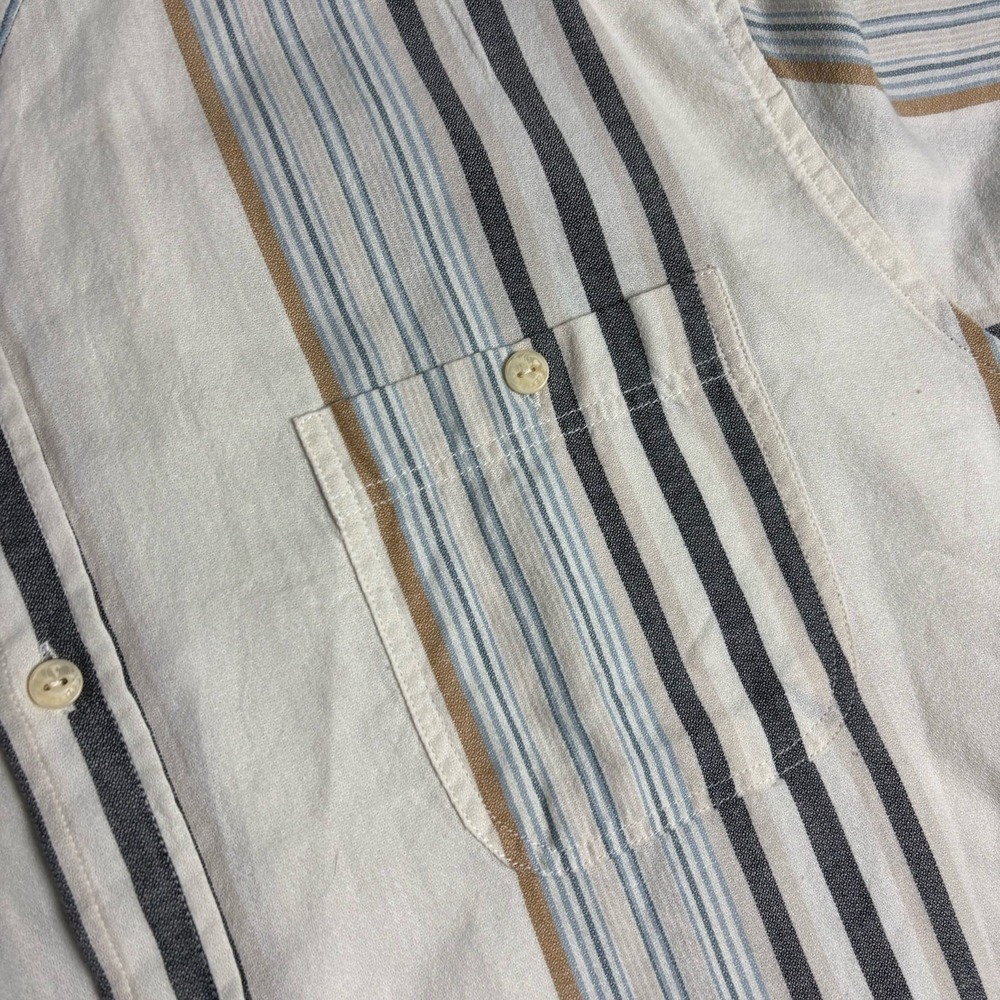 Ezekiel Men's L Button Up Shirt Beige Striped Woven Cotton Short Sleeve Pocket - Picture 3 of 9